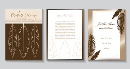 A set of elegant feather invitations in brown and copper colors
