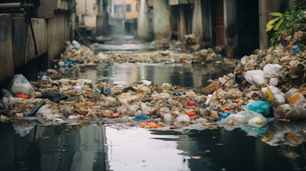Huge plastic decomposable trash in small sewage of big urban city making environmental toxic contamination pollution problem. Household waste dispose management problem concept. - obrazy, fototapety, plakaty