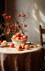 Fototapeta premium Indoor floral fruit still life decoration,created with Generative AI tecnology.