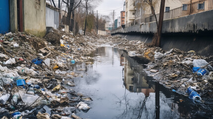 Huge plastic decomposable trash in small sewage of big urban city making environmental toxic contamination pollution problem. Household waste dispose management problem concept.