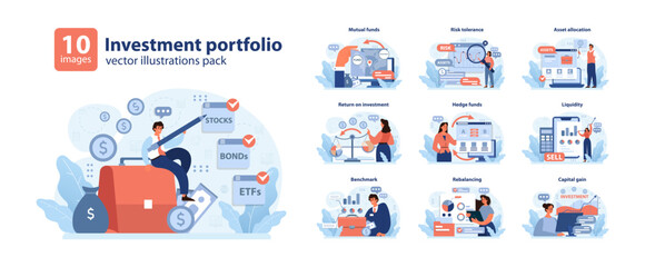 Investment portfolio set. Diverse financial themes showcased. Mutual funds, risk tolerance, asset allocation. Liquidity, hedge funds, return on investment. Capital gain, benchmark insights