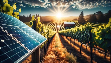 Solar panel as a source of renewable and sustainable photovoltaic green energy technology installed next to a winery capturing the sunlight - obrazy, fototapety, plakaty