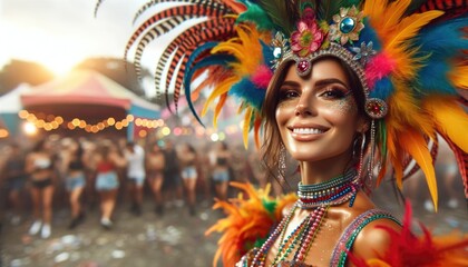 Woman at a festival wearing vibrant, colorful festival attire and feathers with copy space