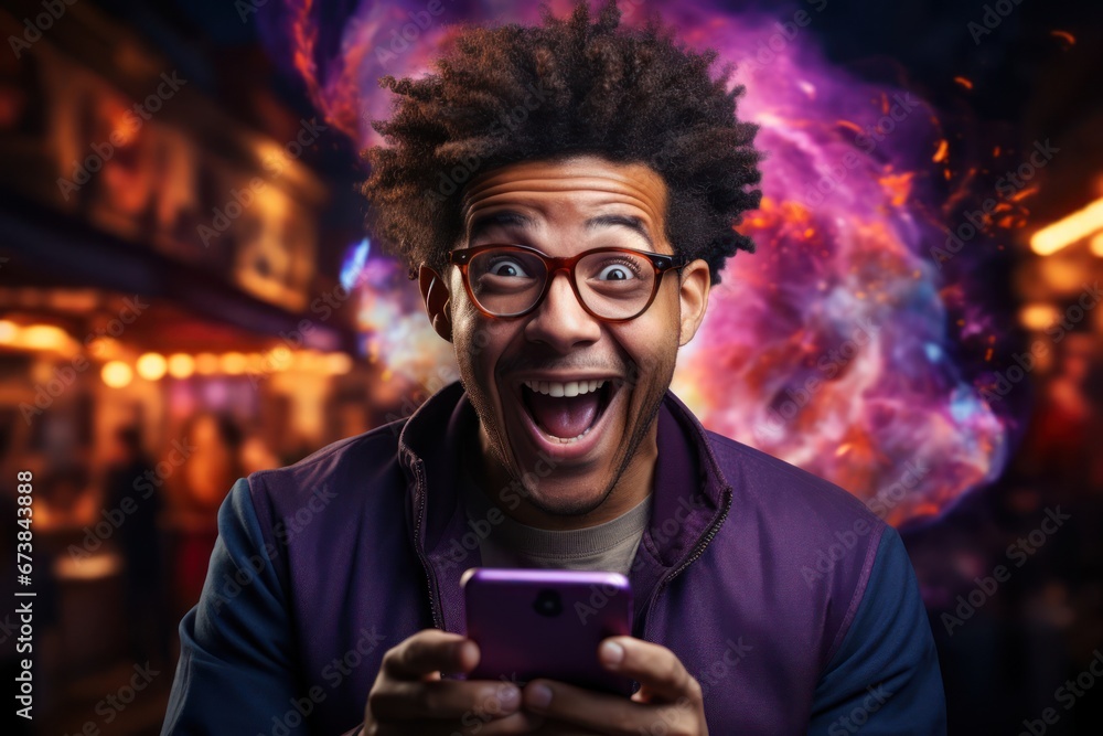 Poster black man random setting amazed checking phone backdrop generative ai