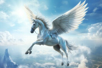 Obraz na płótnie Canvas Flying, fantasy pegasus horse in the sky. Generative AI