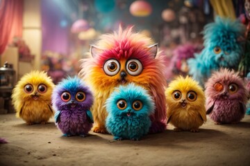 Fototapeta premium company of cute fluffy multi-colored monsters with big eyes, their multi-colored appearance, their big eyes, and the playful and friendly atmosphere they create. Generative AI.