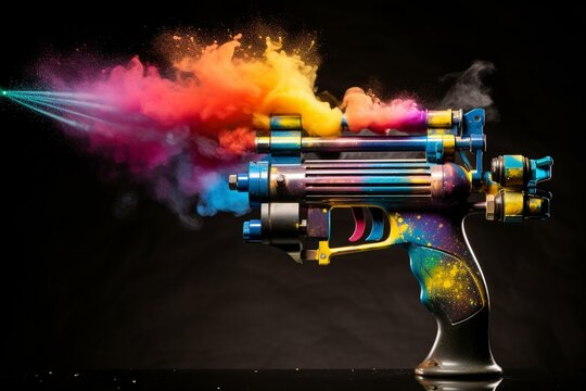 Metal airbrush paint gun with rainbow spray powder explosion. Industry art model concept. Generative AI