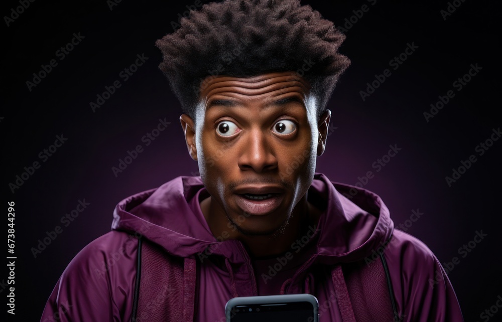 Poster black man solid background surprised checking cell phone concept generative ai