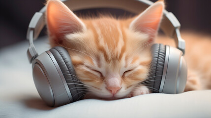 Sleeping red kitten wearing headphones, close-up. The cat listens to music, a calming and relaxing melody. Healthy sleep concept - obrazy, fototapety, plakaty