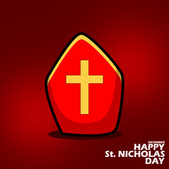 Happy Saint Nicholas Day banner with St Nicholas red hat and symbol of a cross, with bold text to celebrating on December