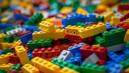 Fototapeta premium Set of brick block building toys 3d isometric illustration for children. Colorful bricks toy. Part and piece for decorative design and creative game. Copy space colorful background