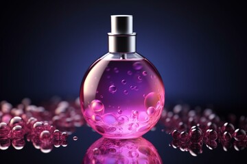 Essence liquid with molecule encapsulated in bubble, advertising background for cosmetic products. Generative AI