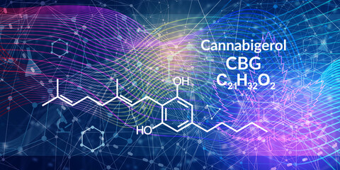 Cannabigerol or CBG molecular structural chemical formula. Futuristic science backdrop. Pharmacology concept - obrazy, fototapety, plakaty