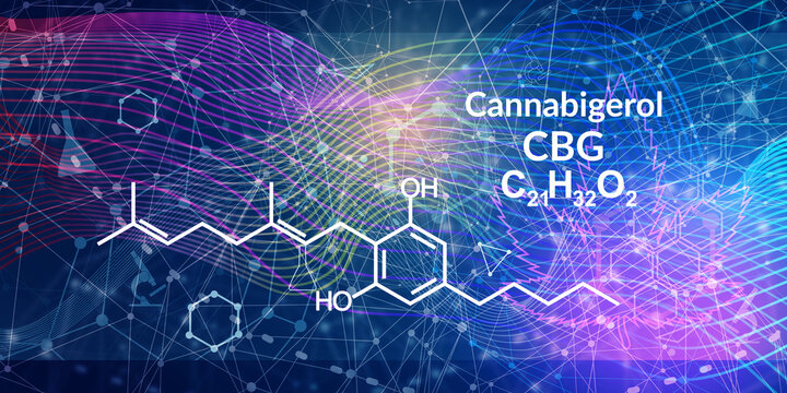 Cannabigerol or CBG molecular structural chemical formula. Futuristic science backdrop. Pharmacology concept