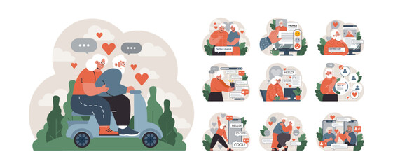 Elderly love set. Seniors exploring online dating, expressing affection, and enjoying quality time. Digital communication, mature romance, and cherished moments. Flat vector illustration