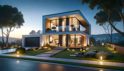 Modern Twilight Home: Sleek house, evening ambiance, illuminated garden, for Architectural Visualization Concept Art, Generative AI