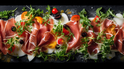 Slices of jamon serrano ham or prosciutto crudo parma on wooden board with rosemary. Wooden background. Top view. - Powered by Adobe