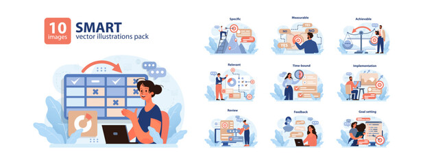 SMART goals set. Visual guide for effective planning. Characters defining specific, measurable tasks. Achieving targets. Reviewing progress. Goal refinement. Time management. Flat vector illustration