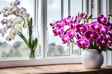 A bouquet of orchid and carnation flowers, placed in a white ceramic vase, on a wooden surface, near an open window.,