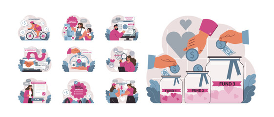 Sponsorship set. Individuals and organizations engaging in mutual support. Cyclist gaining funds, digital interactions, charitable donations. Music festival backing, family aid. vector illustration