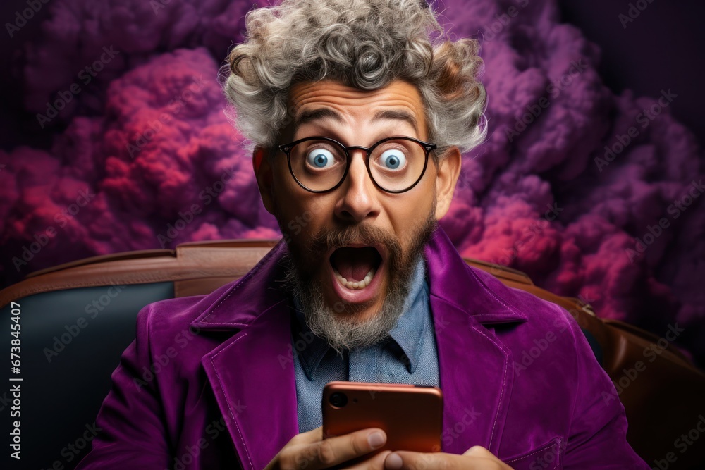 Poster Caucasian Man Surprised Checking Cell Phone Backdrop Generative AI