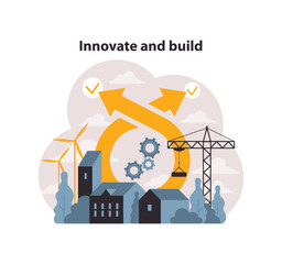 SDG or sustainable development goal. Infrastructure and sustainable cities building. Technological innovations. Social progress and engineering development. Flat vector illustration - obrazy, fototapety, plakaty