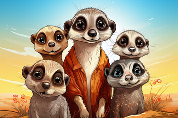 Group of meerkats with one standing tall in the center