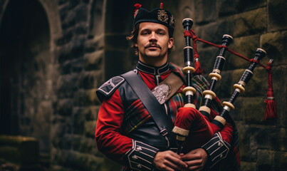 Scottish bagpiper dressed in traditional red and black tartan dress stand before stone wall