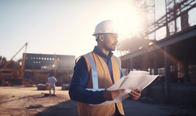 Smart civil architect engineer inspecting and working outdoors structure building site with blueprints