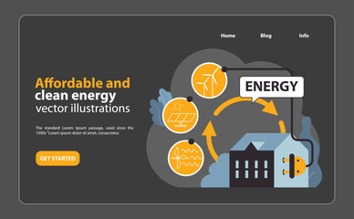 SDG or sustainable development goal night mode or dark mode web banner or landing page. Affordable and clean energy. Sustainable electricity consumption. Power generation. Flat vector illustration