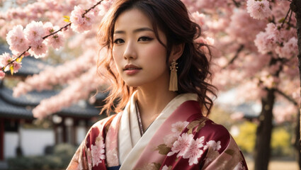 Bellissima ragazza di origini asiatiche vestita con un kimono  sotto un albero di ciliegio in fiore in Giappone in primavera - obrazy, fototapety, plakaty