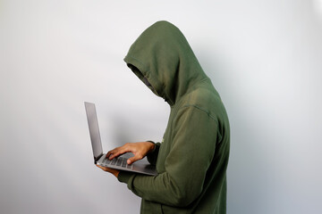 Hacker using laptop to steal personal data from people isolated on white background.