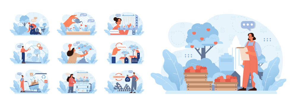 Urban farming set. City dwellers engaging in sustainable practices. Vertical farming, tree nurturing, compost creation, and eco-friendly agriculture. Organic produce in urban settings. Flat vector
