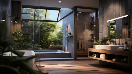 Modern contemporary bathroom with a bathtub, big windows and trees outside