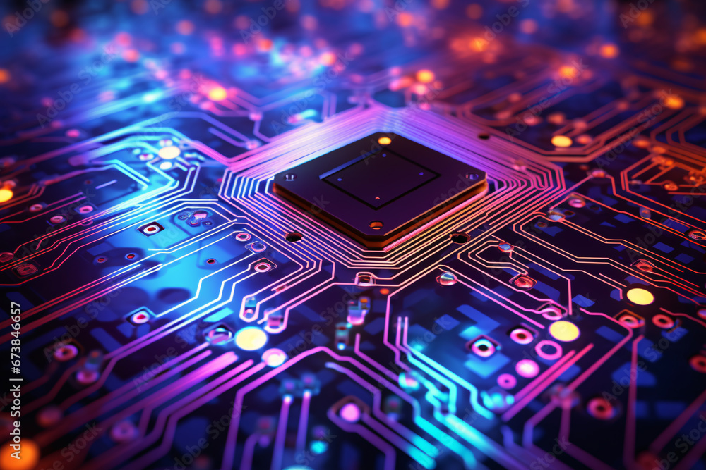Aufkleber digital circuit board microprocessor motherboard computer hardware in neon purple and blue glowing l