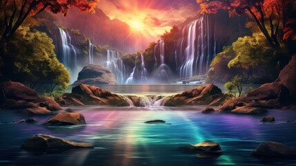 waterfalls and lake, in vibrant colors