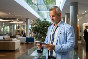 Mature doctor using tablet in modern hospital lobby
