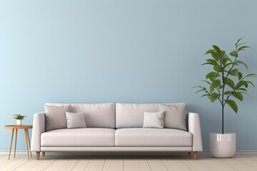 Living room interior design with blue empty wall, gray sofa and indoor plants, minimal scandinavian style.
