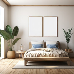 Set of 2 bedroom frame mockup, 2 vertical frames, 3D rendering, realistic room interior design