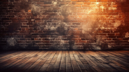 Old brown brick wall and wooden floor with beautiful light, vintage rustic and grunge style industrial brick wall background.
