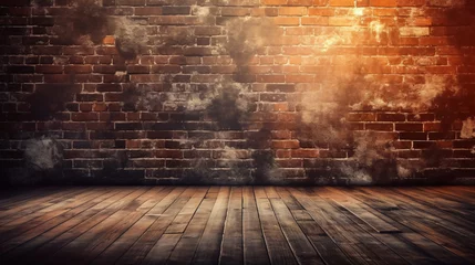 Fotobehang Old brown brick wall and wooden floor with beautiful light, vintage rustic and grunge style industrial brick wall background. © Sunday Cat Studio