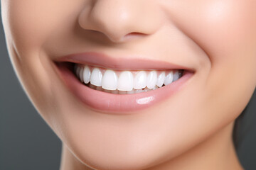 Fototapeta premium Woman with happy smile and beautiful white teeth, close up shot, oral and dental health concept.
