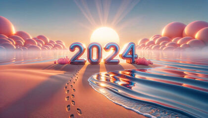 2024 happy new year fun and colorful 3d render style background, sunset and sand beach - obrazy, fototapety, plakaty