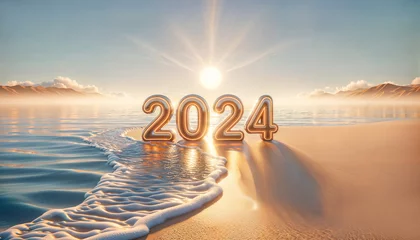 Tuinposter 2024 happy new year fun and colorful 3d render style background, sunset and sand beach © OpticalDesign