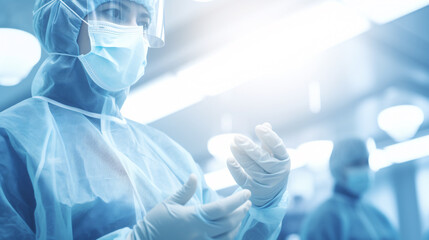 A surgeon medical doctor prepare to perform surgery in hospital operating room, with blurred background, healthcare and hospital concept.
