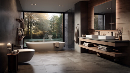 Modern contemporary bathroom with a bathtub, big windows and trees outside