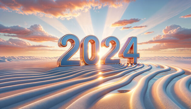 2024 happy new year fun and colorful 3d render style background, sunset and sand beach