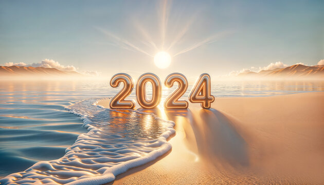 2024 happy new year fun and colorful 3d render style background, sunset and sand beach