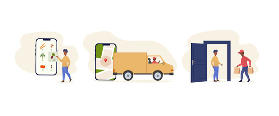 Set of online orders and delivery. The set is great for social media posts, cards, brochures, flyers, and advertising poster templates. Vector illustration.	