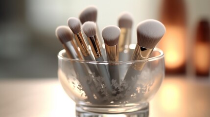 makeup brushes filled into a glass bowl in the style.Generative AI